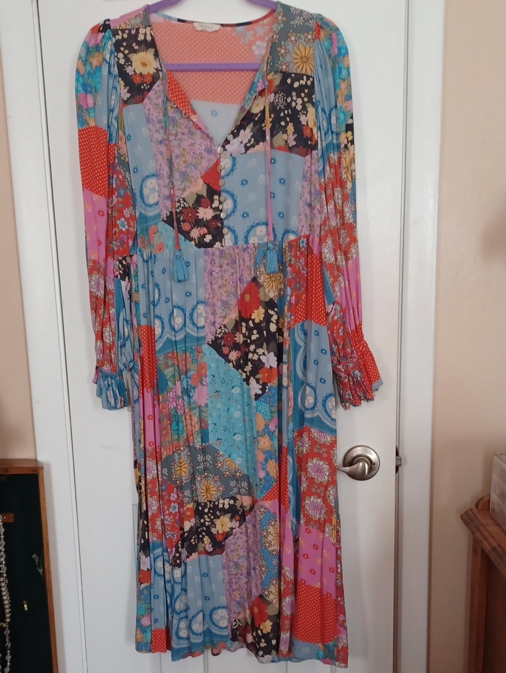 Spell Patchwork Long Sleeve Maxi Dress in Blue, Pink, Red